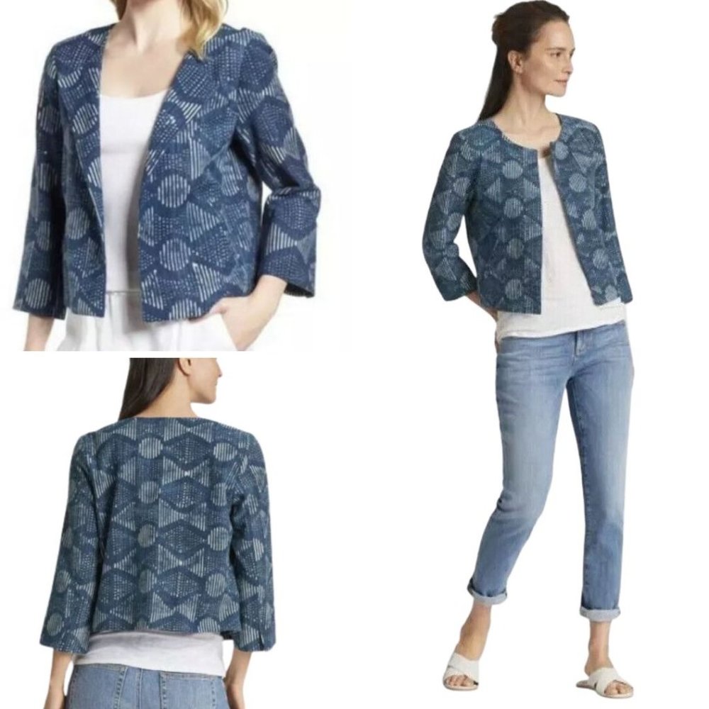 Eileen Fisher HAND-PRINTED Jacket Womens M/M Organic Cotton Indigo Blue Cardigan - Picture 1 of 7
